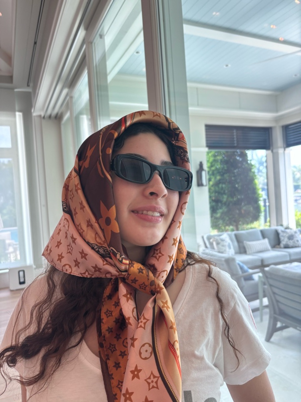 Luxury Brown Patterned Silk Headscarf - Picture 3 of 12